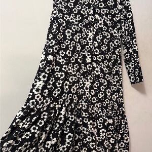 H&M Black and White Floral Midi Dress with Collar
